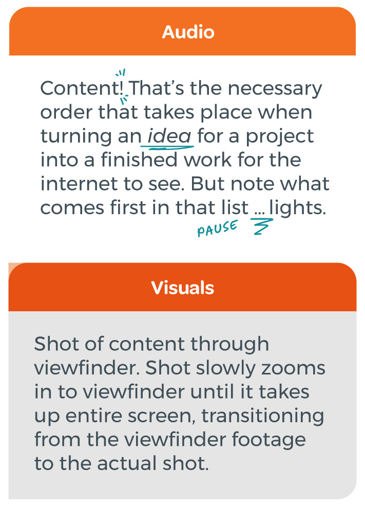 Example of adding notations to your audio-visual script to account for tone and delivery of the voice lines.